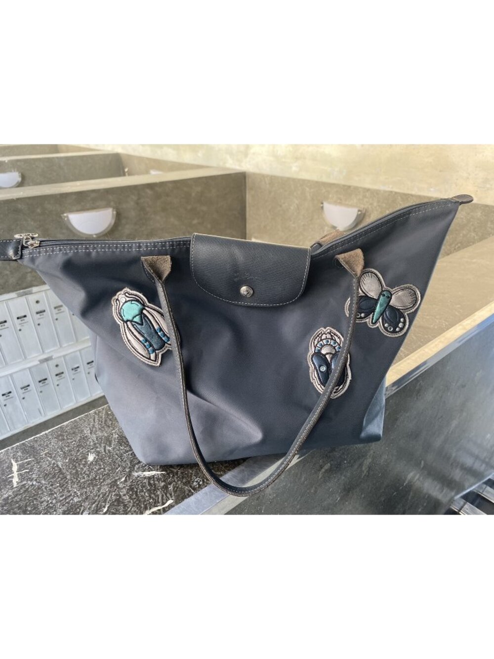 LONGCHAMP PLANETE BUTTERFLY Tote Grey Blue WHIMSICAL Le Pilage